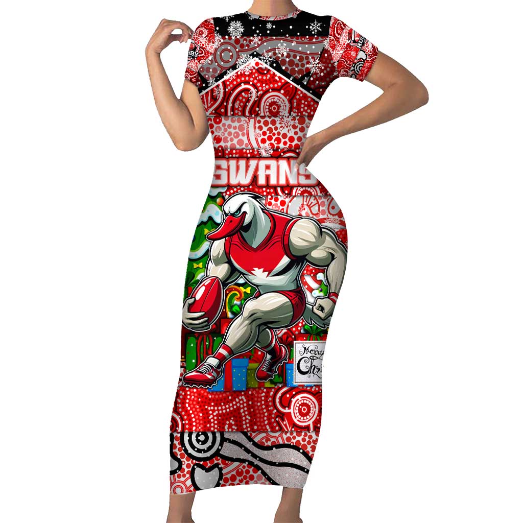 Custom Swans Rugby Merry Christmas Short Sleeve Bodycon Dress Indigenous Australian Art