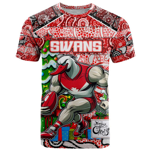 Custom Swans Rugby Merry Christmas T Shirt Indigenous Australian Art