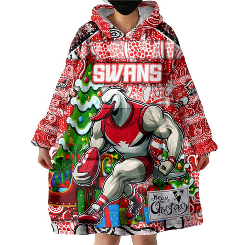 Custom Swans Rugby Merry Christmas Wearable Blanket Hoodie Indigenous Australian Art