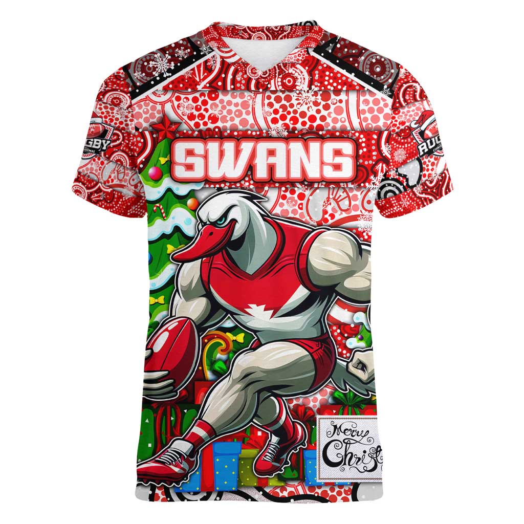 Custom Swans Rugby Merry Christmas Women V-Neck T-Shirt Indigenous Australian Art