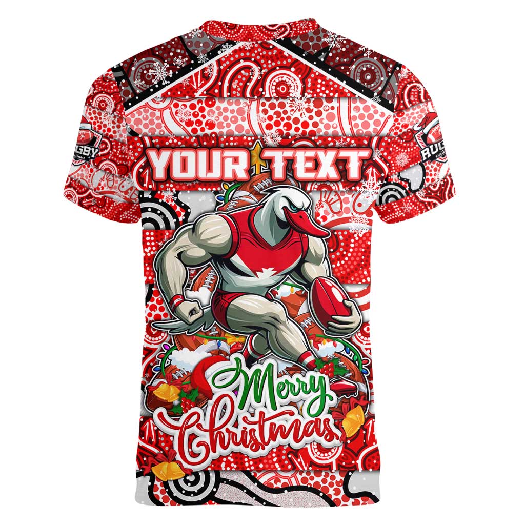Custom Swans Rugby Merry Christmas Women V-Neck T-Shirt Indigenous Australian Art