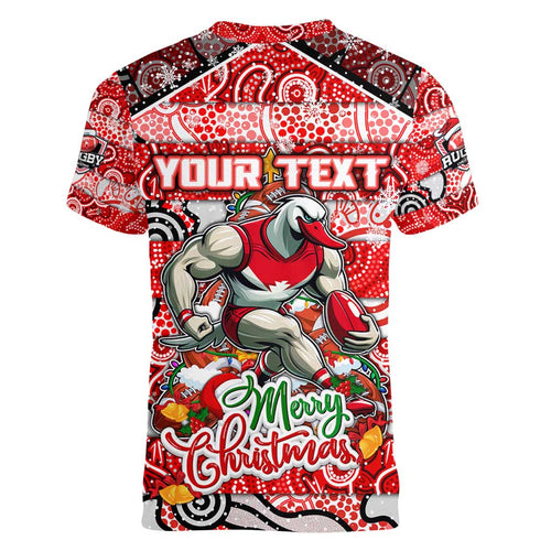 Custom Swans Rugby Merry Christmas Women V-Neck T-Shirt Indigenous Australian Art