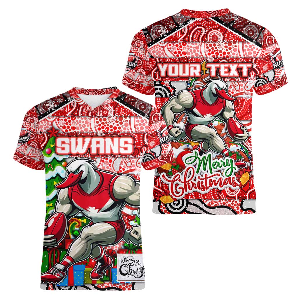 Custom Swans Rugby Merry Christmas Women V-Neck T-Shirt Indigenous Australian Art