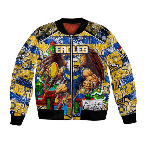 Custom Eagles Rugby Merry Christmas Bomber Jacket Indigenous Australian Art