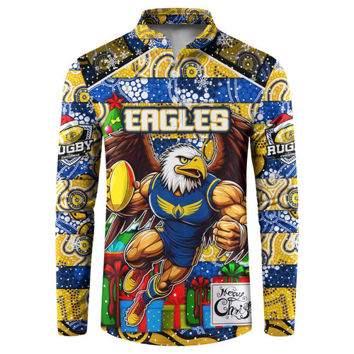 Custom Eagles Rugby Merry Christmas Button Sweatshirt Indigenous Australian Art