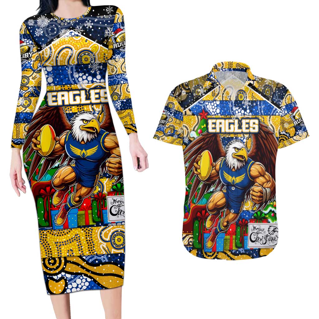 Custom Eagles Rugby Merry Christmas Couples Matching Long Sleeve Bodycon Dress and Hawaiian Shirt Indigenous Australian Art