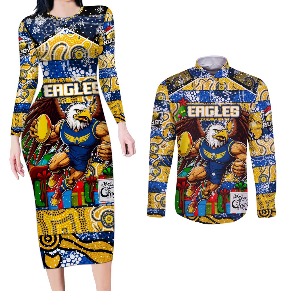 Custom Eagles Rugby Merry Christmas Couples Matching Long Sleeve Bodycon Dress and Long Sleeve Button Shirt Indigenous Australian Art