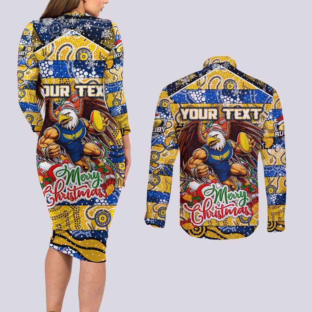 Custom Eagles Rugby Merry Christmas Couples Matching Long Sleeve Bodycon Dress and Long Sleeve Button Shirt Indigenous Australian Art