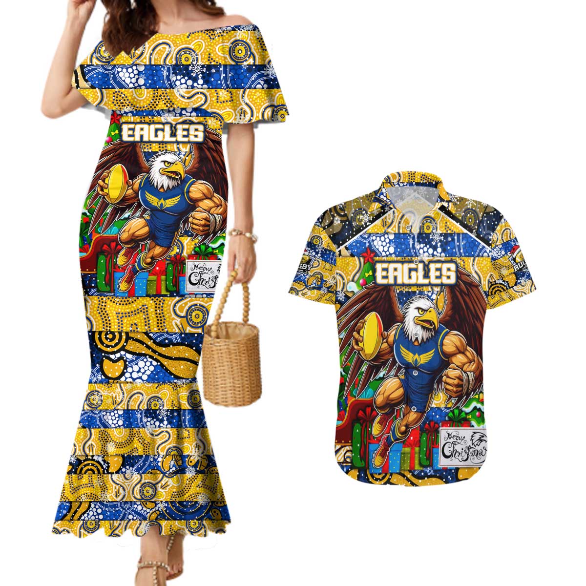 Custom Eagles Rugby Merry Christmas Couples Matching Mermaid Dress and Hawaiian Shirt Indigenous Australian Art