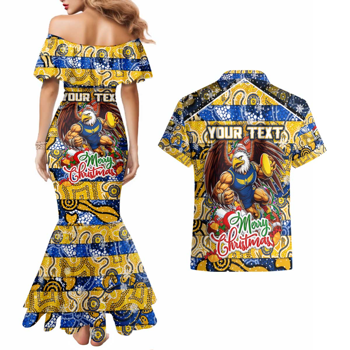 Custom Eagles Rugby Merry Christmas Couples Matching Mermaid Dress and Hawaiian Shirt Indigenous Australian Art