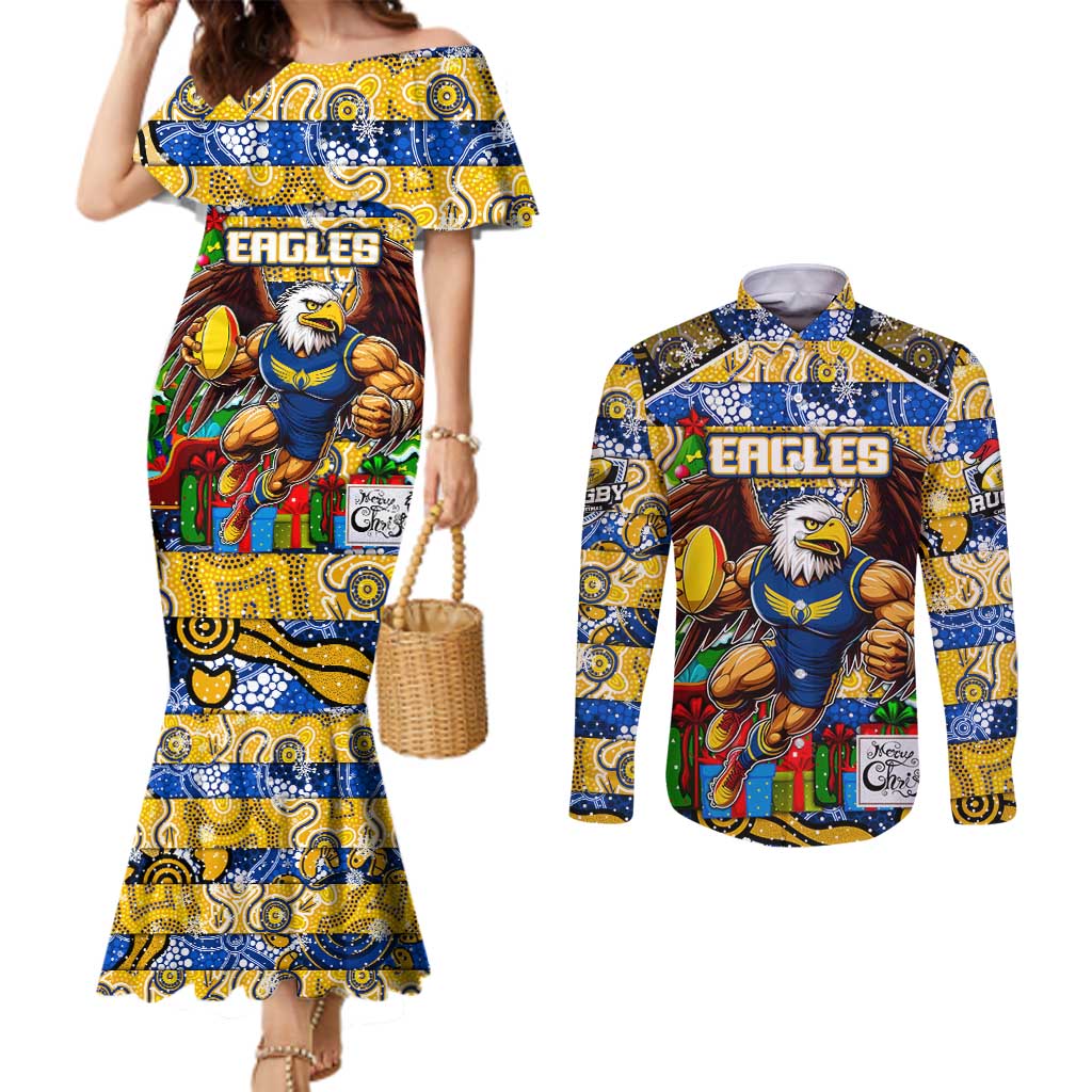 Custom Eagles Rugby Merry Christmas Couples Matching Mermaid Dress and Long Sleeve Button Shirt Indigenous Australian Art