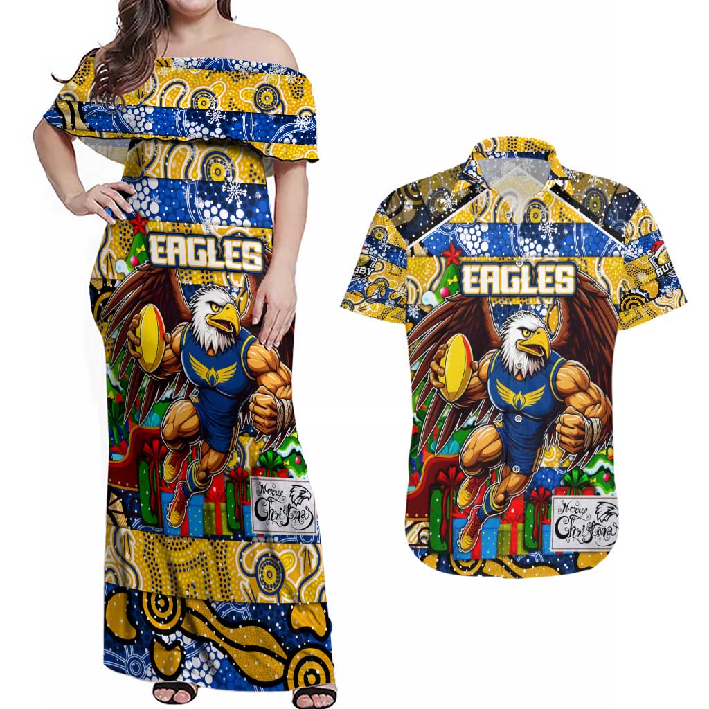 Custom Eagles Rugby Merry Christmas Couples Matching Off Shoulder Maxi Dress and Hawaiian Shirt Indigenous Australian Art