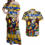 Custom Eagles Rugby Merry Christmas Couples Matching Off Shoulder Maxi Dress and Hawaiian Shirt Indigenous Australian Art