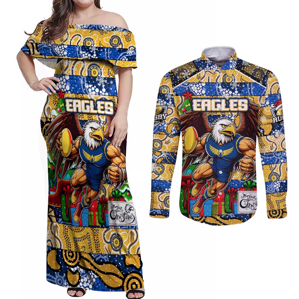 Custom Eagles Rugby Merry Christmas Couples Matching Off Shoulder Maxi Dress and Long Sleeve Button Shirt Indigenous Australian Art