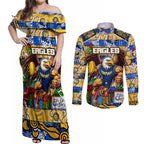 Custom Eagles Rugby Merry Christmas Couples Matching Off Shoulder Maxi Dress and Long Sleeve Button Shirt Indigenous Australian Art