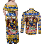 Custom Eagles Rugby Merry Christmas Couples Matching Off Shoulder Maxi Dress and Long Sleeve Button Shirt Indigenous Australian Art