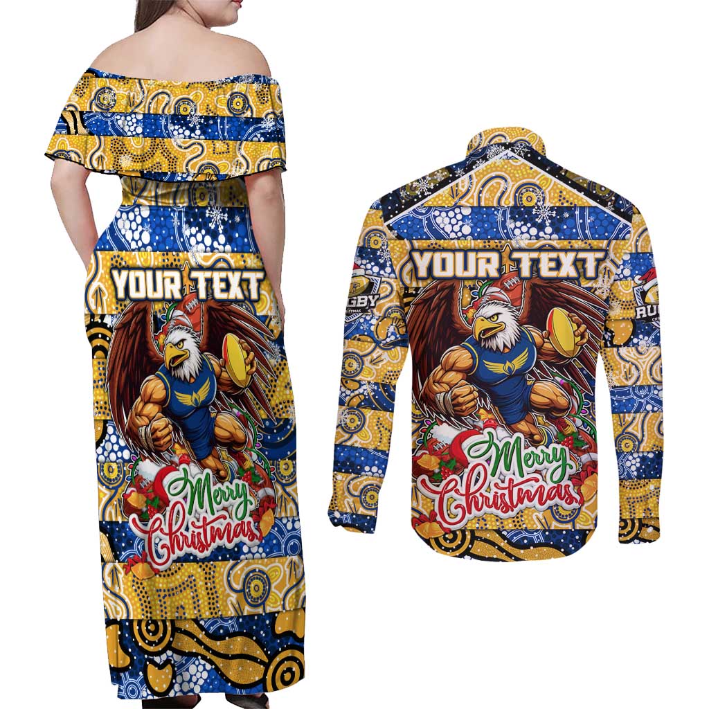 Custom Eagles Rugby Merry Christmas Couples Matching Off Shoulder Maxi Dress and Long Sleeve Button Shirt Indigenous Australian Art