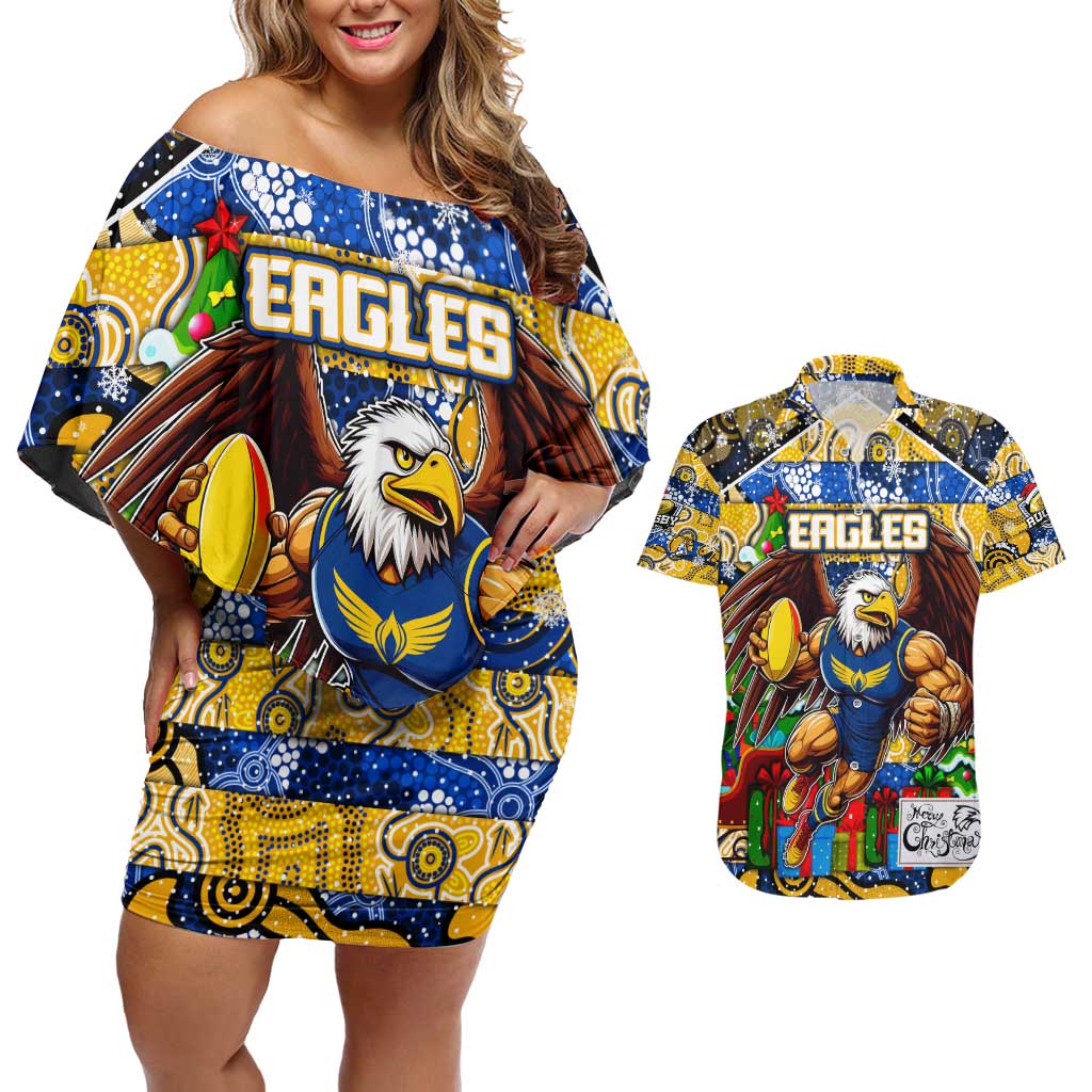 Custom Eagles Rugby Merry Christmas Couples Matching Off Shoulder Short Dress and Hawaiian Shirt Indigenous Australian Art