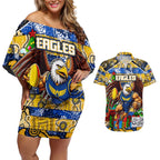 Custom Eagles Rugby Merry Christmas Couples Matching Off Shoulder Short Dress and Hawaiian Shirt Indigenous Australian Art