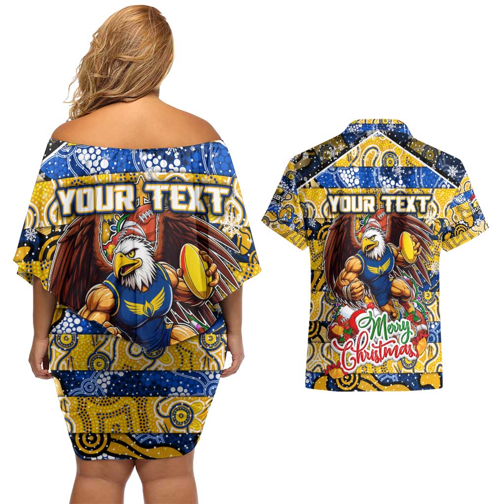 Custom Eagles Rugby Merry Christmas Couples Matching Off Shoulder Short Dress and Hawaiian Shirt Indigenous Australian Art