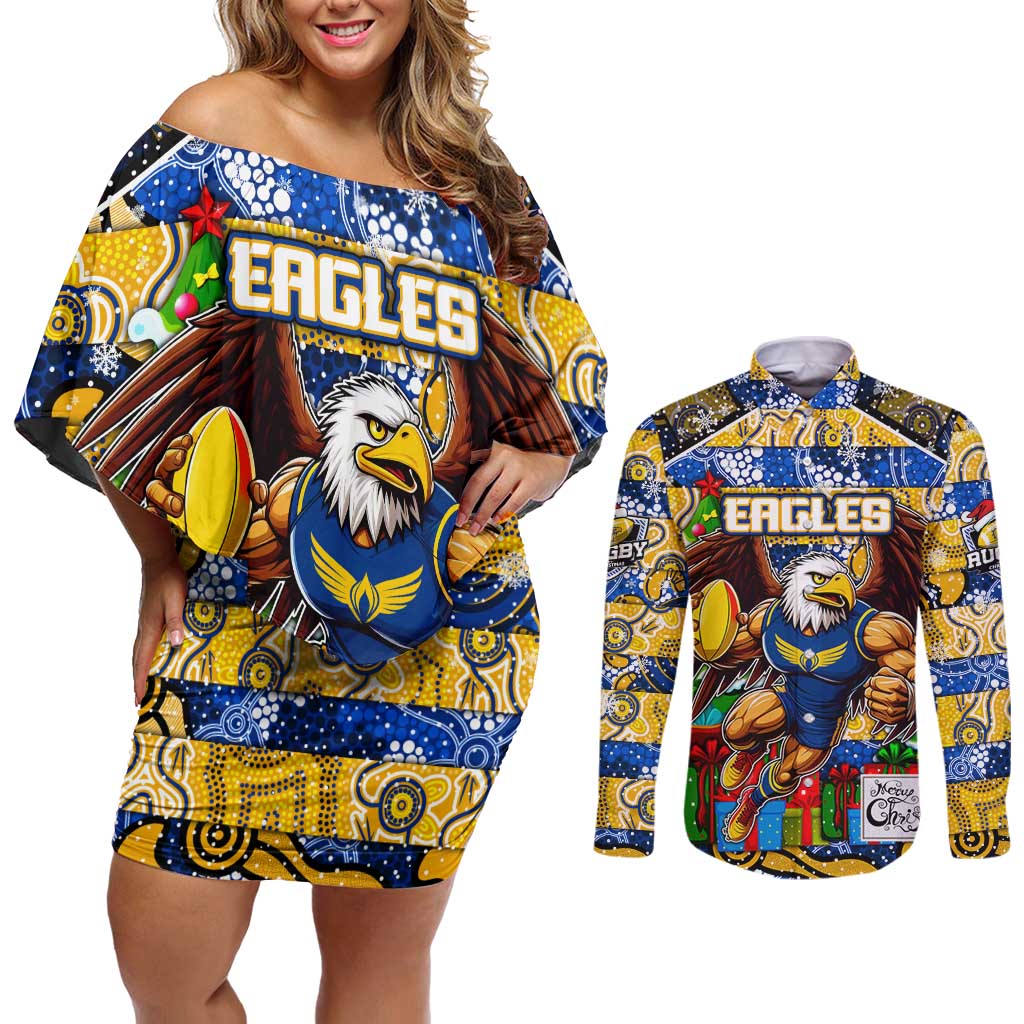 Custom Eagles Rugby Merry Christmas Couples Matching Off Shoulder Short Dress and Long Sleeve Button Shirt Indigenous Australian Art