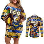 Custom Eagles Rugby Merry Christmas Couples Matching Off Shoulder Short Dress and Long Sleeve Button Shirt Indigenous Australian Art