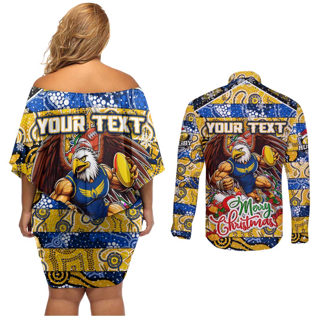 Custom Eagles Rugby Merry Christmas Couples Matching Off Shoulder Short Dress and Long Sleeve Button Shirt Indigenous Australian Art
