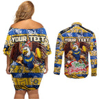 Custom Eagles Rugby Merry Christmas Couples Matching Off Shoulder Short Dress and Long Sleeve Button Shirt Indigenous Australian Art