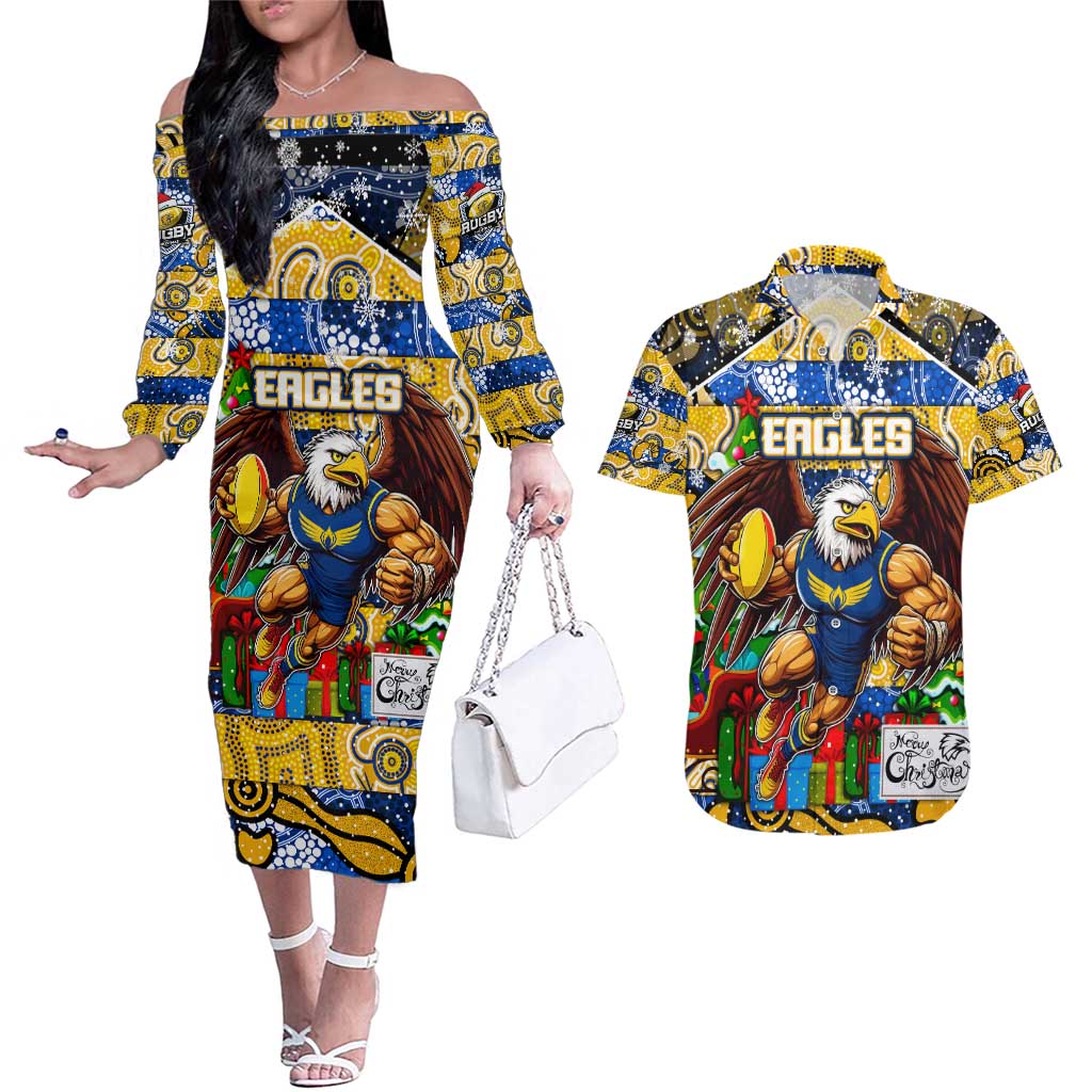 Custom Eagles Rugby Merry Christmas Couples Matching Off The Shoulder Long Sleeve Dress and Hawaiian Shirt Indigenous Australian Art