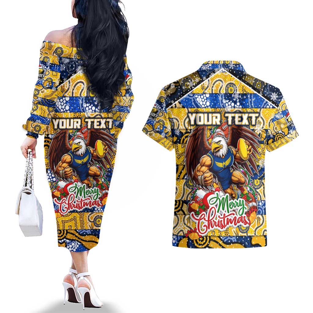 Custom Eagles Rugby Merry Christmas Couples Matching Off The Shoulder Long Sleeve Dress and Hawaiian Shirt Indigenous Australian Art