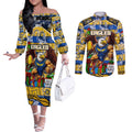 Custom Eagles Rugby Merry Christmas Couples Matching Off The Shoulder Long Sleeve Dress and Long Sleeve Button Shirt Indigenous Australian Art