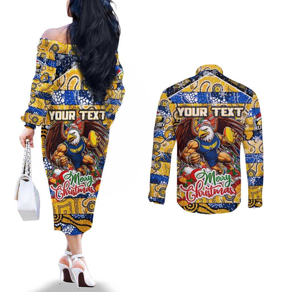 Custom Eagles Rugby Merry Christmas Couples Matching Off The Shoulder Long Sleeve Dress and Long Sleeve Button Shirt Indigenous Australian Art