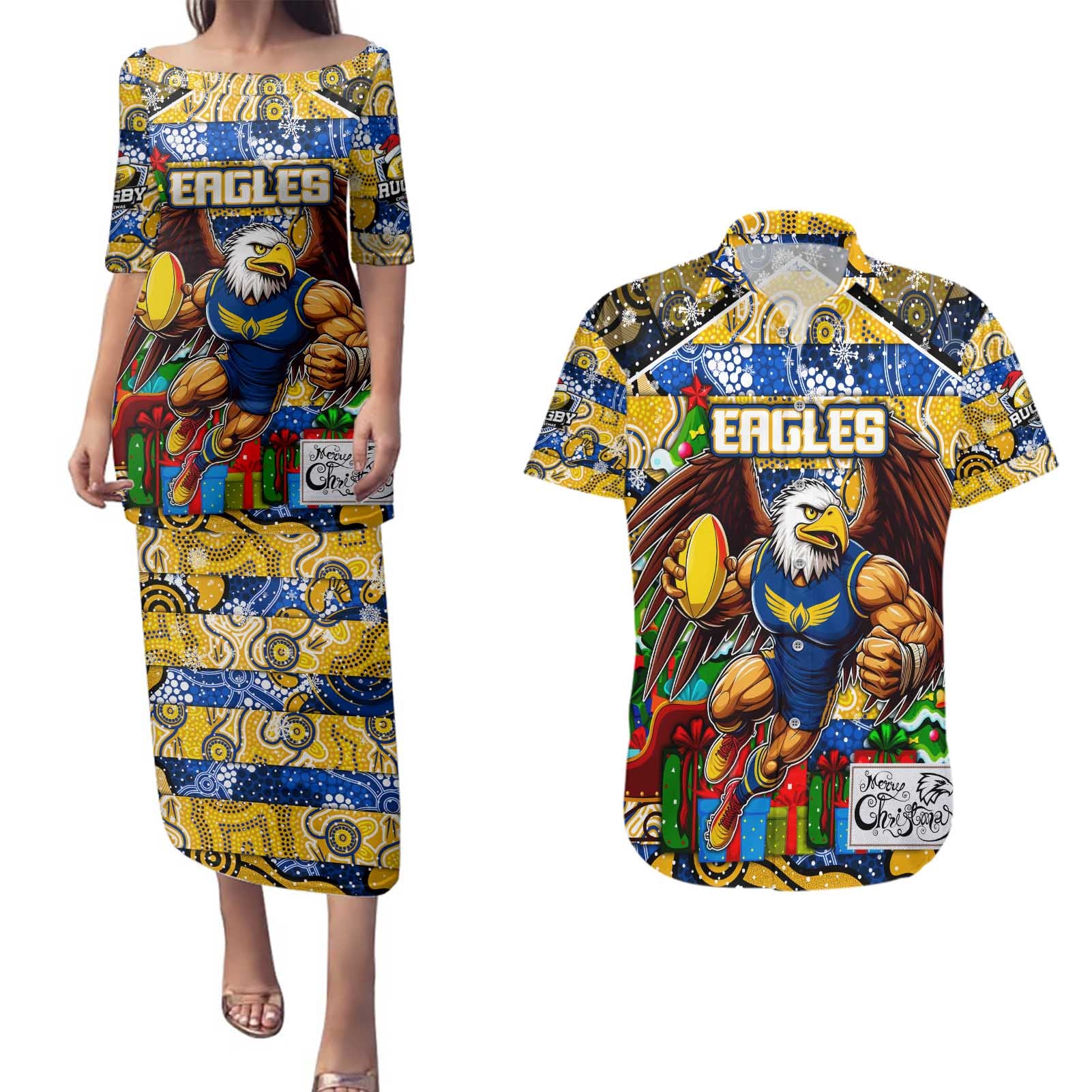Custom Eagles Rugby Merry Christmas Couples Matching Puletasi and Hawaiian Shirt Indigenous Australian Art