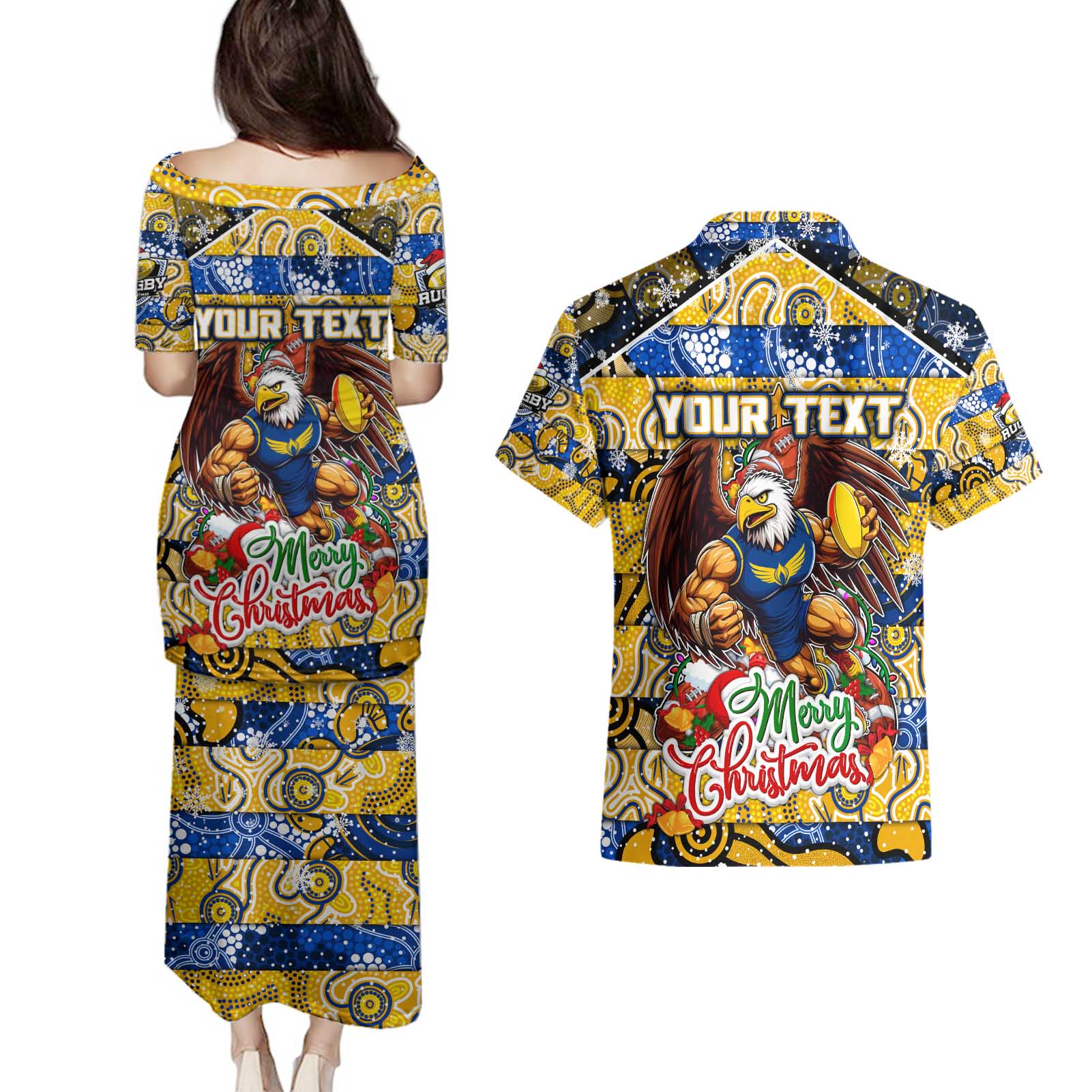 Custom Eagles Rugby Merry Christmas Couples Matching Puletasi and Hawaiian Shirt Indigenous Australian Art