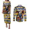 Custom Eagles Rugby Merry Christmas Couples Matching Puletasi and Long Sleeve Button Shirt Indigenous Australian Art