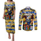 Custom Eagles Rugby Merry Christmas Couples Matching Puletasi and Long Sleeve Button Shirt Indigenous Australian Art