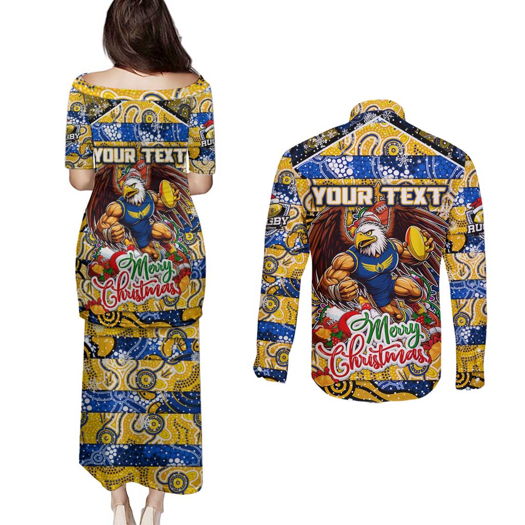 Custom Eagles Rugby Merry Christmas Couples Matching Puletasi and Long Sleeve Button Shirt Indigenous Australian Art