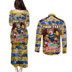 Custom Eagles Rugby Merry Christmas Couples Matching Puletasi and Long Sleeve Button Shirt Indigenous Australian Art