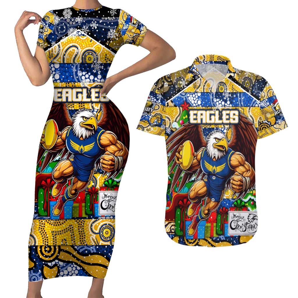 Custom Eagles Rugby Merry Christmas Couples Matching Short Sleeve Bodycon Dress and Hawaiian Shirt Indigenous Australian Art