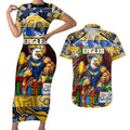 Custom Eagles Rugby Merry Christmas Couples Matching Short Sleeve Bodycon Dress and Hawaiian Shirt Indigenous Australian Art