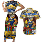 Custom Eagles Rugby Merry Christmas Couples Matching Short Sleeve Bodycon Dress and Hawaiian Shirt Indigenous Australian Art