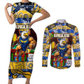 Custom Eagles Rugby Merry Christmas Couples Matching Short Sleeve Bodycon Dress and Long Sleeve Button Shirt Indigenous Australian Art