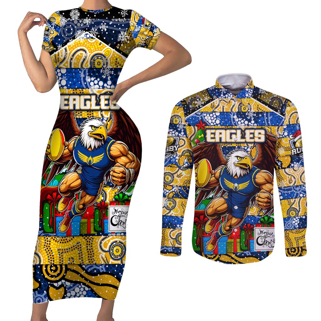 Custom Eagles Rugby Merry Christmas Couples Matching Short Sleeve Bodycon Dress and Long Sleeve Button Shirt Indigenous Australian Art