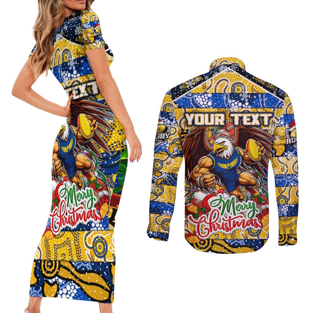 Custom Eagles Rugby Merry Christmas Couples Matching Short Sleeve Bodycon Dress and Long Sleeve Button Shirt Indigenous Australian Art