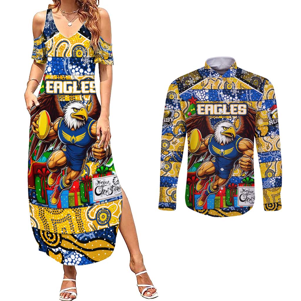 Custom Eagles Rugby Merry Christmas Couples Matching Summer Maxi Dress and Long Sleeve Button Shirt Indigenous Australian Art