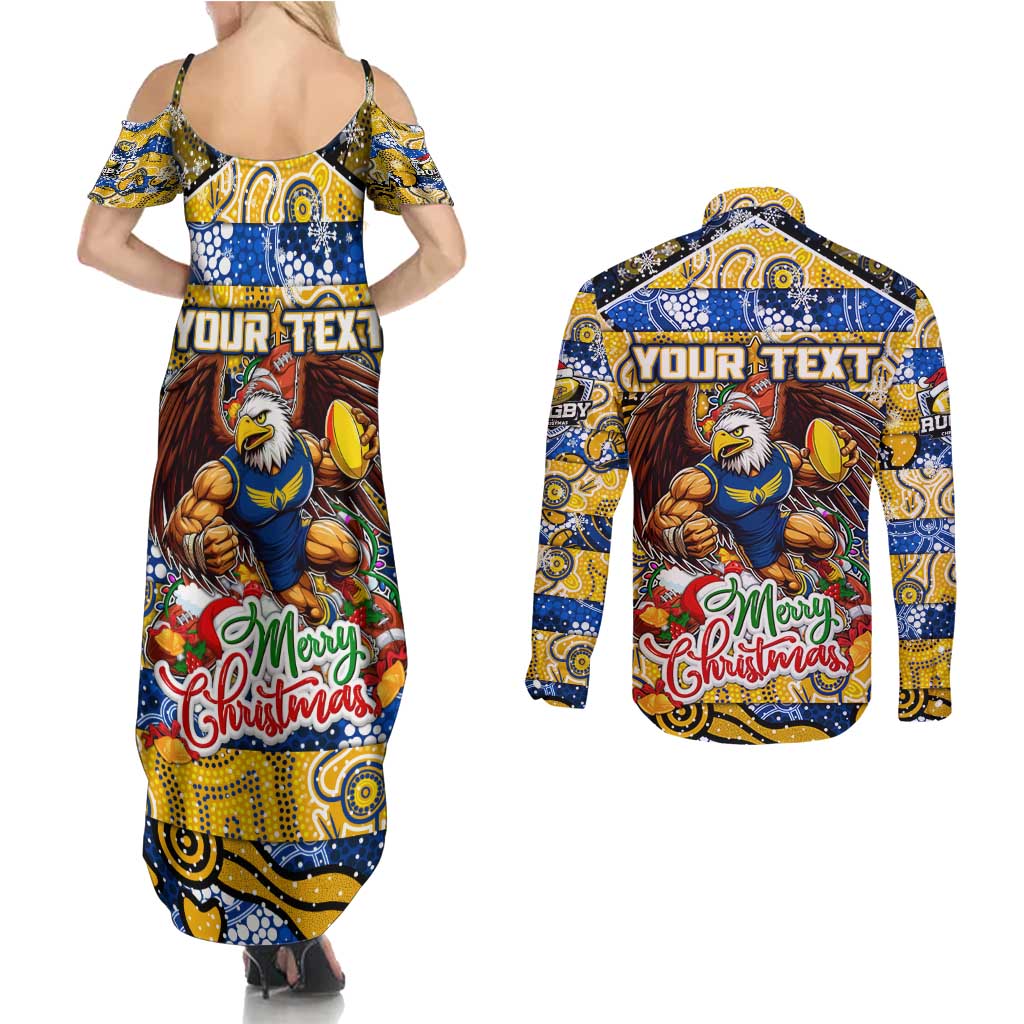 Custom Eagles Rugby Merry Christmas Couples Matching Summer Maxi Dress and Long Sleeve Button Shirt Indigenous Australian Art