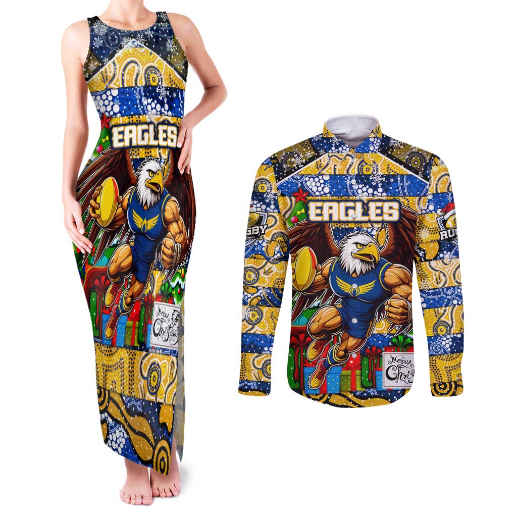 Custom Eagles Rugby Merry Christmas Couples Matching Tank Maxi Dress and Long Sleeve Button Shirt Indigenous Australian Art