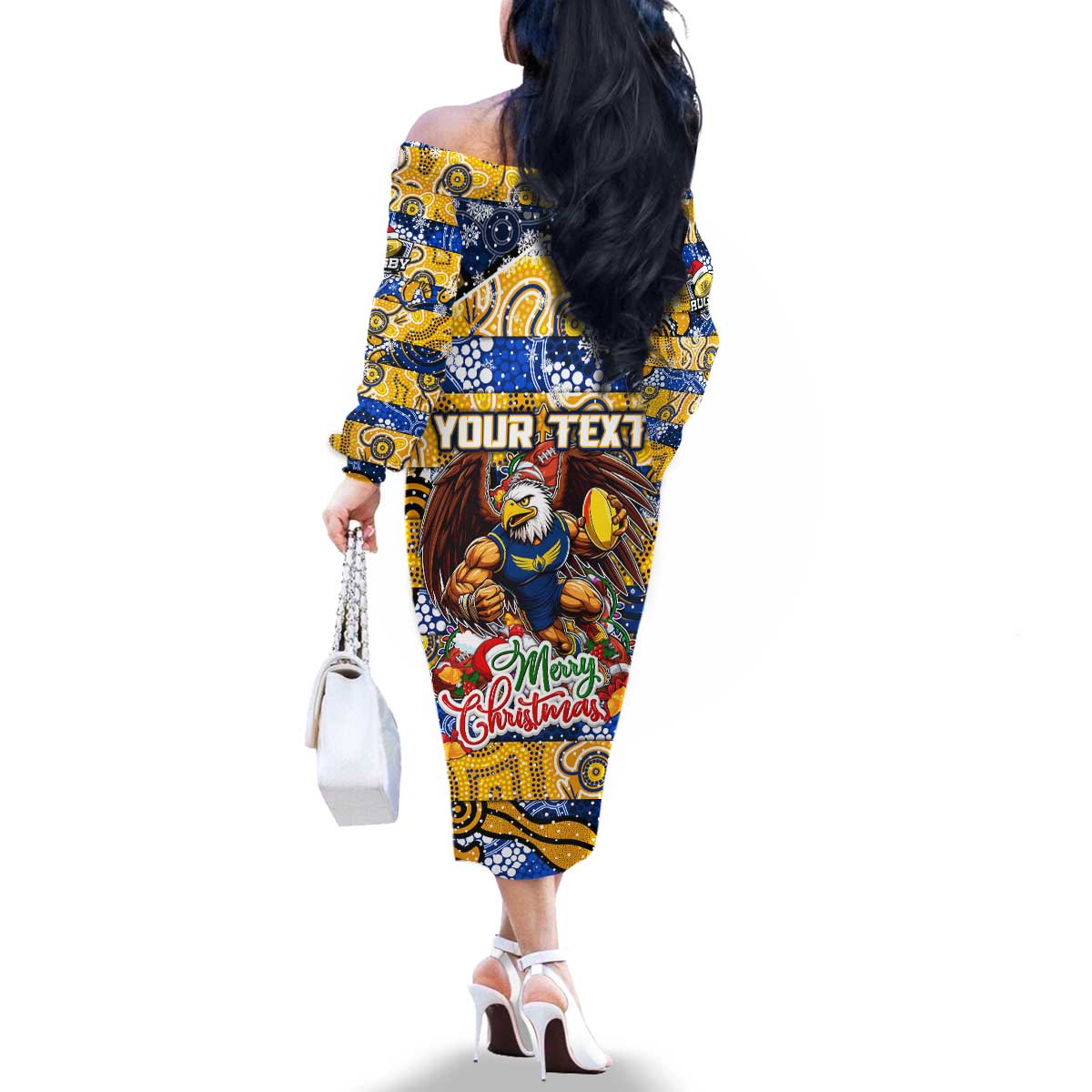 Custom Eagles Rugby Merry Christmas Family Matching Off The Shoulder Long Sleeve Dress and Hawaiian Shirt Indigenous Australian Art