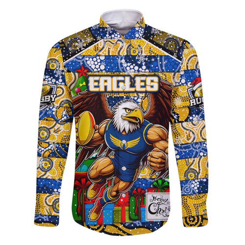 Custom Eagles Rugby Merry Christmas Family Matching Off Shoulder Short Dress and Hawaiian Shirt Indigenous Australian Art