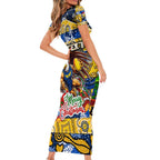 Custom Eagles Rugby Merry Christmas Family Matching Short Sleeve Bodycon Dress and Hawaiian Shirt Indigenous Australian Art